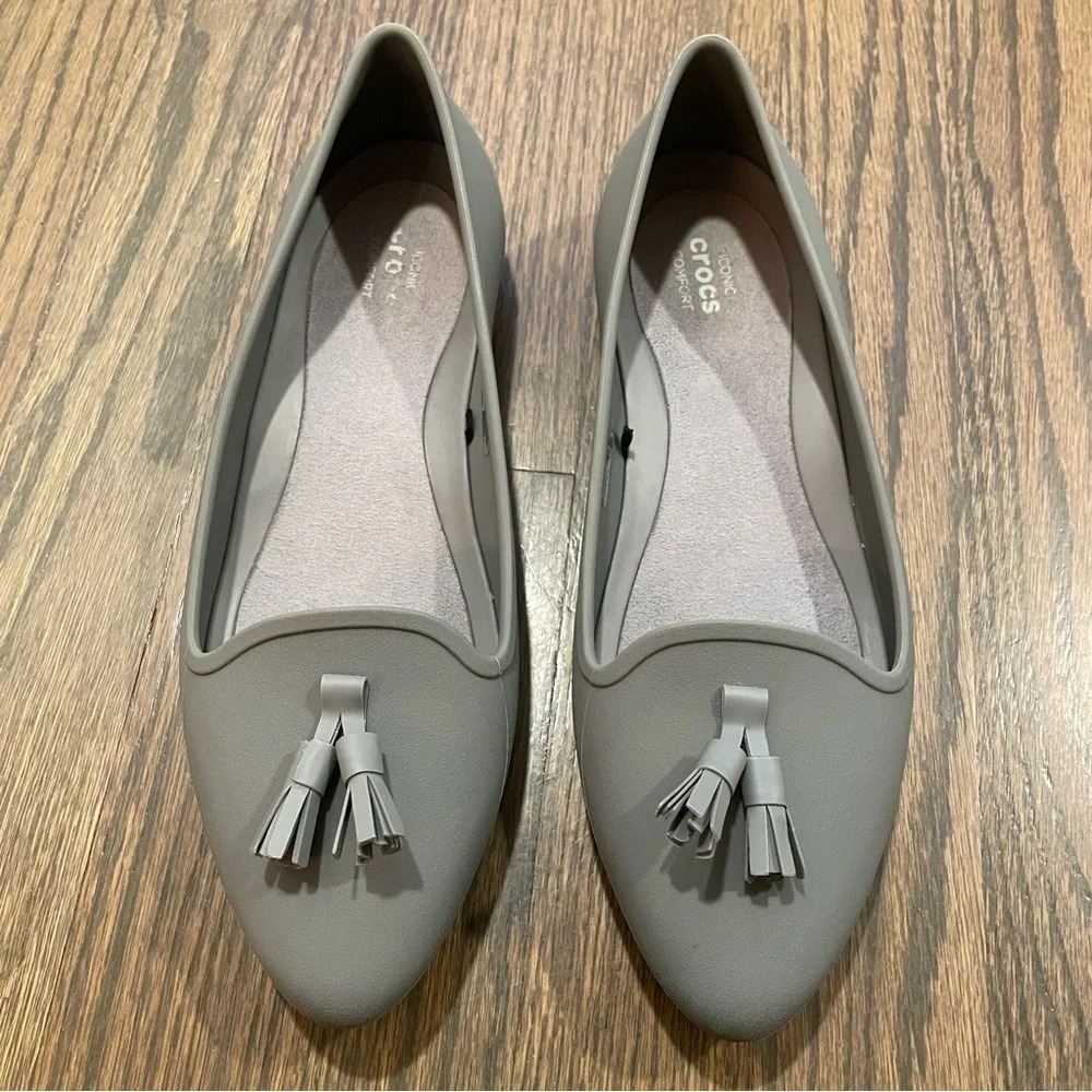Crocs Waterproof Tassel Shoes Eve Embellished Flat Shoes in grey 204215 size 7